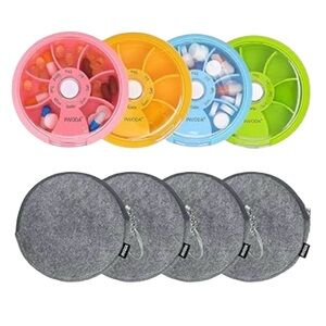 4 Pack Rotating 7-Day Pill Organizer Travel Cases & 4 Felt Zip Storage Pouches